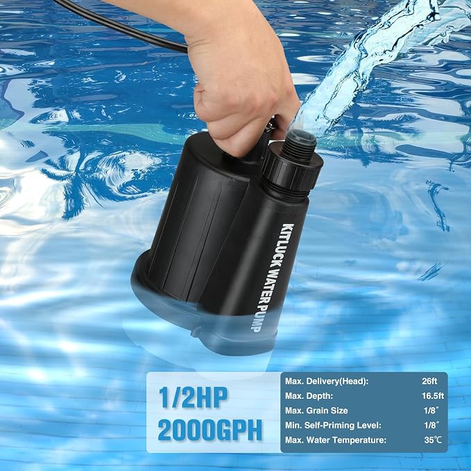 KITLUCK Submersible Water Pump, 1/2HP Thermoplastic Sump Pump, Portable Utility Pump with 10ft Cord, Hose Adapter, 2000GPH High Flow Water Removal for Swimming Pool, Garden Pond, Flood Basement, Tub