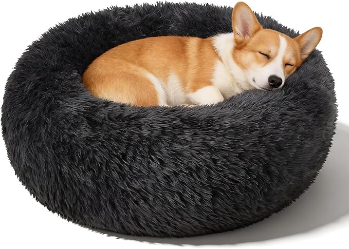 Dog Bed Calming Beds for Small Medium Large Dogs - Round Donut Washable Puppy Dog Bed, Anti-Slip Faux Fur Fluffy Donut Cuddle Anxiety Cat Pet Bed(32'' Black)