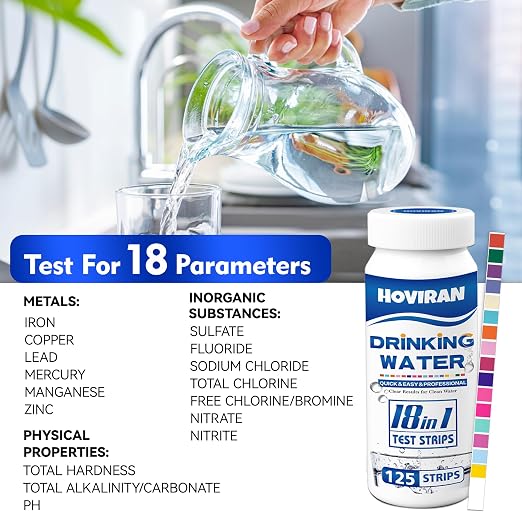 Drinking Water Test Strips 125ct 18 Parameters, Home Water Test Kit | Easy to Use Water Testing Kit for Lead, Hardness, Iron, Copper, Heavy Metals, Chlorine, Nitrate and More