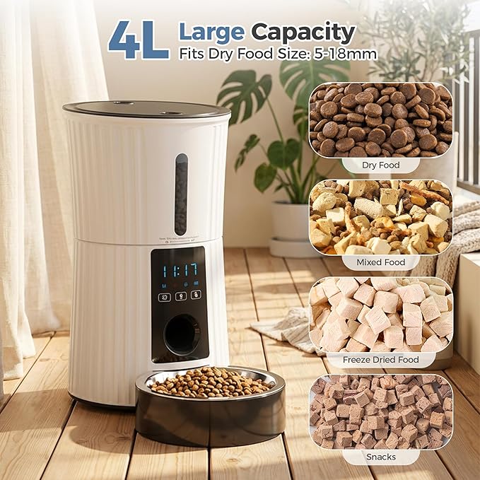 DUMOS Automatic Cat Feeder, 4L WiFi Timed Cat Food Dispenser with APP Control, 10s Voice Recorder, Dual Power Supply, Indoor Programmable Pet Feeder with Desiccant for Small Cats and Dogs, White