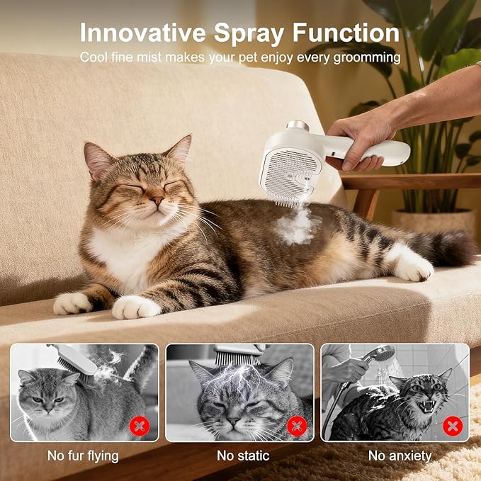 Cat Brush for Shedding, 2026 Upgraded Mist Spray & Self Cleaning Slicker Brush for Indoor Cats & Dogs, Pet Steam Brushes Rechargeable, Skin Friendly Pet Grooming Comb with 180° Rotating Handle