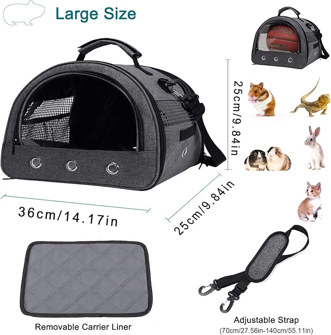 Guinea Pig Carrier, Small Pet Hamster Carrier Bag, Rabbit Bunny Travel Carrier Outdoor Handbag, Breathable Carrier for Small Animals with Water Bottle Holder & Removable Liner (Grey-Large)