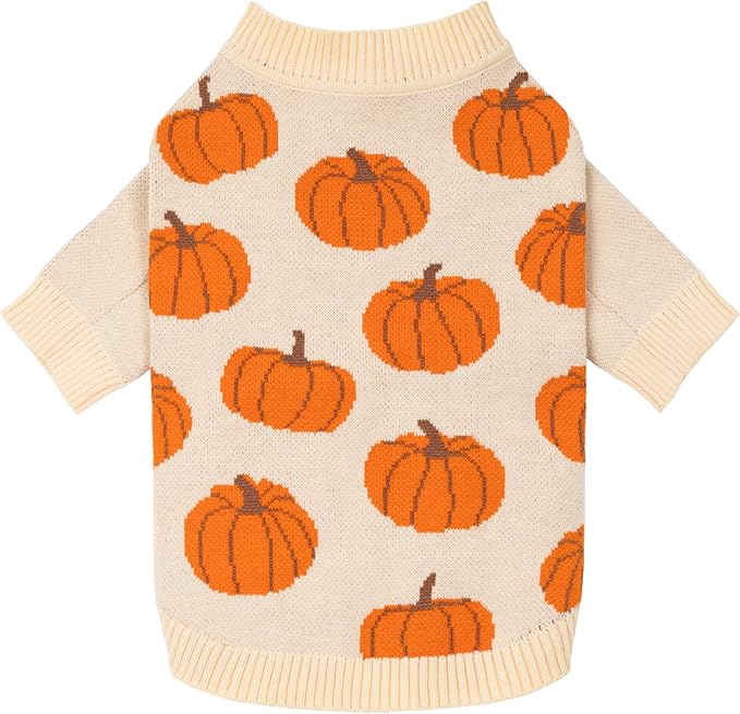 Fitwarm Pumpkin Dog Sweater, Thanksgiving Outfit for Small Dogs Boy Girl, Pet Outfit, Orange, Beige, Medium