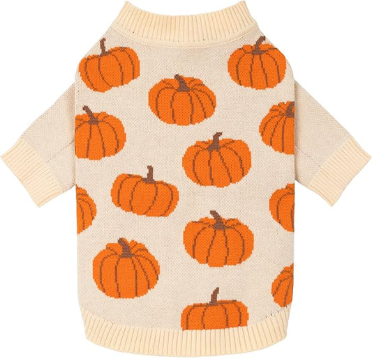 Fitwarm Pumpkin Dog Sweater, Thanksgiving Outfit for Small Dogs Boy Girl, Pet Outfit, Orange, Beige, Medium