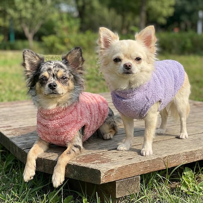 Fitwarm 2 Pack Striped Fleece Dog Sweater, Warm Winter Clothes for Small Dogs Boy Girl, Fuzzy Pet Outfit, Pink, Lavender Purple, XXL