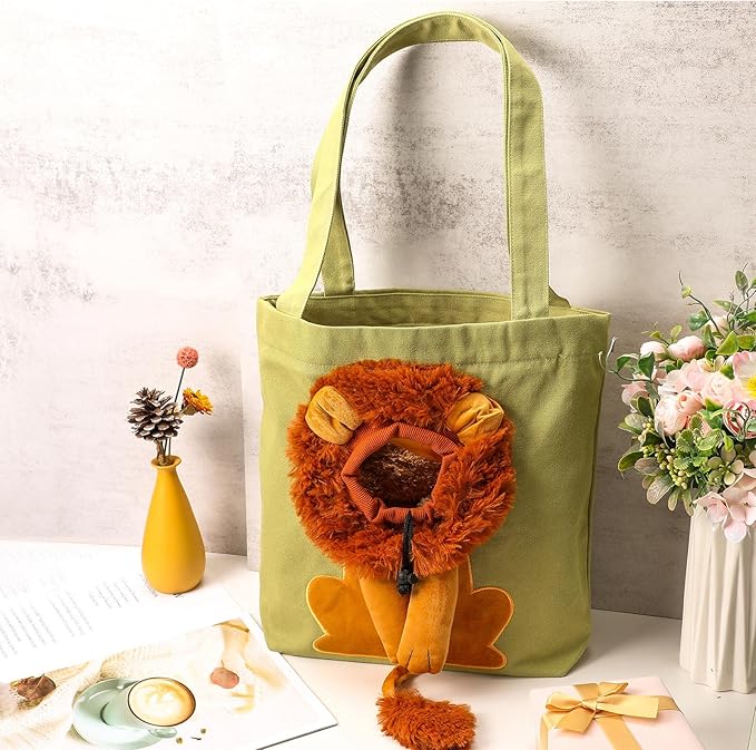 Pet Canvas Shoulder Bag Lion Shaped Cute Cat Carrier Handbag Portable Carrying Dog Tote Bag for Small Animal Supplies Outdoor Travel(Green)