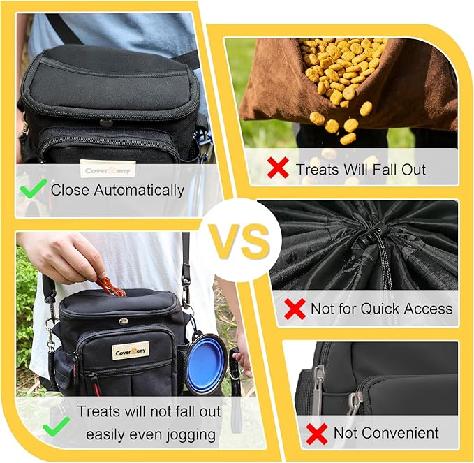 Dog Treat Pouch Open Top for Quick & Spill-Proof Access, Removable Pouch|Poop Bag Dispenser|3 Ways to Wear, Dog Treat Bag - Collapsible Bowl, Training Clicker & Poop Bag for Training & Walking-Black.