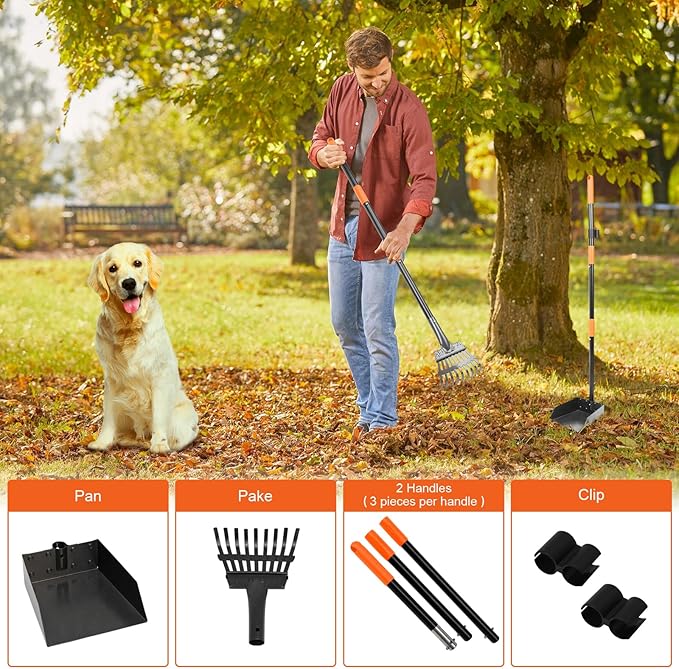 Pooper Scooper, Dog Pooper Scooper Tray and Rake Set with Adjustable Stainless Steel Long Handle for Large Medium Small Dogs