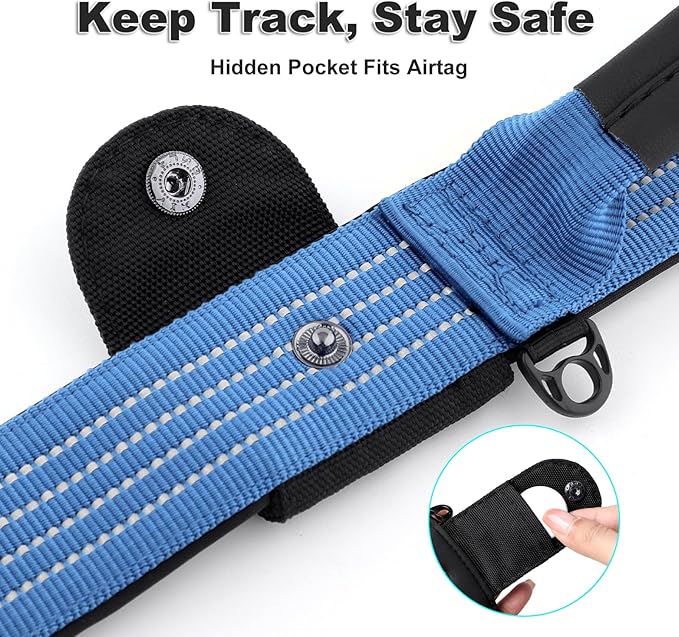 Plutus Pet Tactical Dog Collar with Tracker Pocket for AirTag, Adjustable Reflective Nylon Collar, Metal Buckle, Leather-Wrapped Handle, Soft Padded for Medium Large Dogs (Blue, S)
