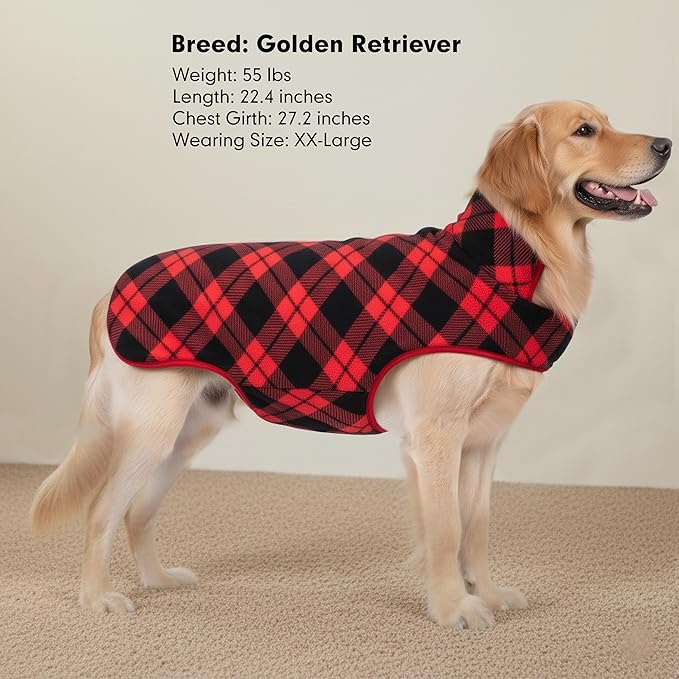 cyeollo Medium Dog Coat, Sherpa Dog Winter Coat Reversible Fleece Dogs Jackets Warm Doggie Sweater Vest for Small Medium Dogs Male with Leash Hole Soft Cold Weather Pet Clothes, Buffalo Plaid XL