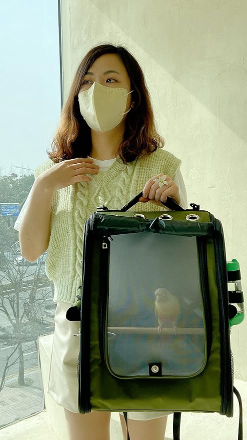 Birds Day Bird Carrier Backpack - Breathable Mesh Portable Parrot Travel Cage with 2PCS Perch, Food Bowl, and Stainless Steel Tray (Dark Olive Green)
