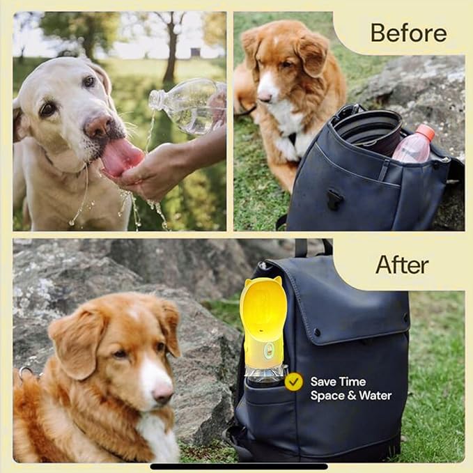 Dog Water Bottle Dispenser 380ml – Leak-Proof Lock, One-Hand Operation | Portable Pet Travel Water Bottle with Built-in Bowl | Pink