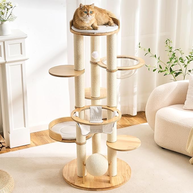 Modern Cat Tree Tower with Scratching Post for Indoor Cats Large Adult, 54 inch Tall Solid Wood Multifunctional Cat Tree Tower with Bed, Dangling Ball, Space Capsule, Scratcher Ball, Multiple Cats Use