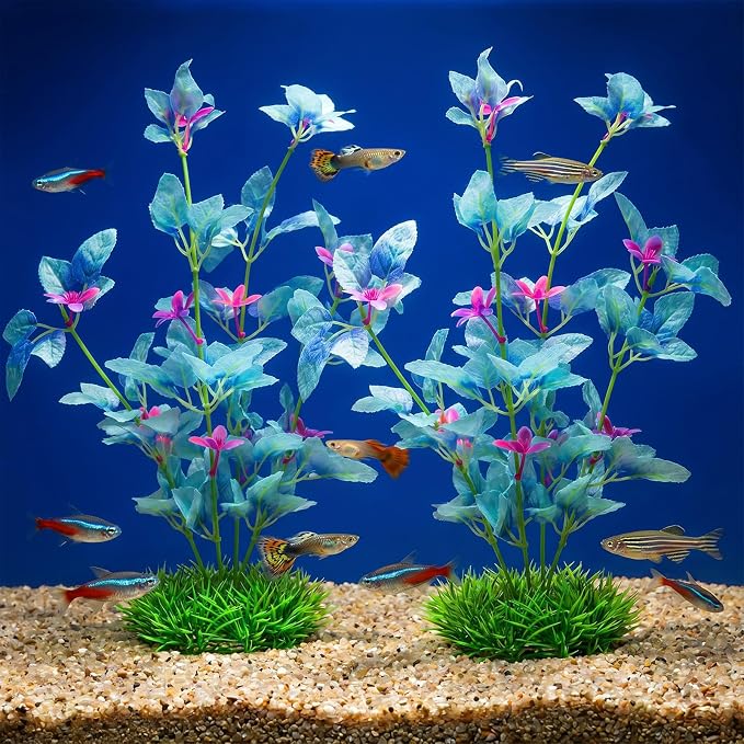 2Pcs Silk Aquarium Plants 13" Cyan Silk Plants for Fish Tank Goldfish | Tall Fish Tank Decorations, and Freshwater Betta Habitat, for Miniature Eco Enthusiasts