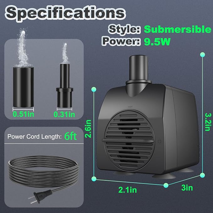 SongLong Submersible Pump 200GPH 5.2ft. High Lift for Fountains | with Over Heating Protection, Perfect for Hydroponics, Small Ponds, Aquariums, Fish Tank & More