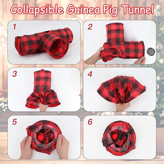 YUEPET Guinea Pig Tunnel and Tube Collapsible 3 Way Guinea Pig Hideout with Classic Christmas Style, Small Animal Tunnel for Guinea Pig Ferret Hamster Chinchilla