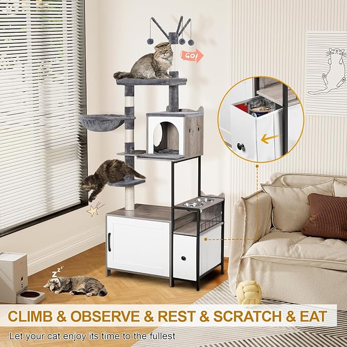 Snughome Cat Tree with Litter Box Enclosure, 3-in-1 Modern Cat Tower for Indoor Cats, 67.32’’ Hidden Cat Litter Box Furniture with Cat Condo, Food Station and Hammocks, All-in-one Cat Furniture