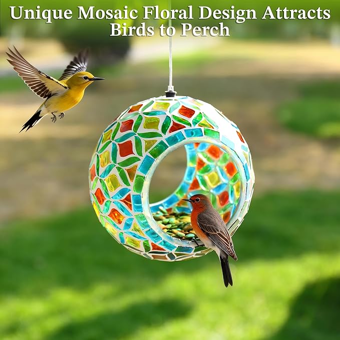 VOREEN Mosaic Glass Bird Feeder, Handcrafted Hanging Fly-Through Feeder for Outdoor Garden & Backyard, Decorative Wild Bird Feeder with Steel Wire Cable – Natural Blue & Green Mosaic Style