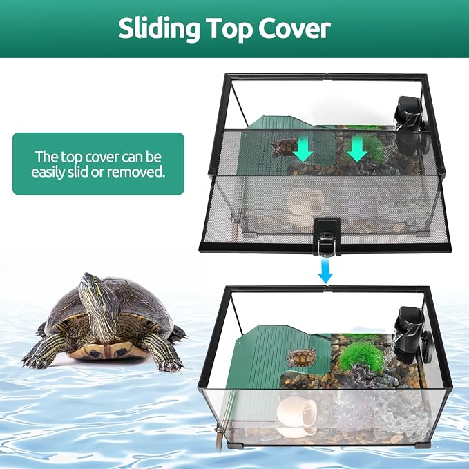 Glass Turtle Tank Kit, 10 Gallon 20" x 12" x 10" Turtle Tank Starter Kit with Drainage System, Basking Platform and Quiet Aquarium Corner Internal Filter Aquatic Turtle Terrarium