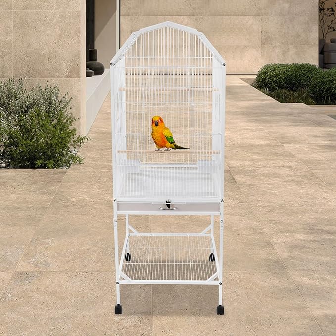 53.5 Inch Iron Bird Cage, Large Parakeet Cages with Play Open Top and Rolling Stand, Bird House with Detachable Stand and Pull-Out Tray for Cockatiels, Parrots, Lovebirds, Canaries (White, Style B)