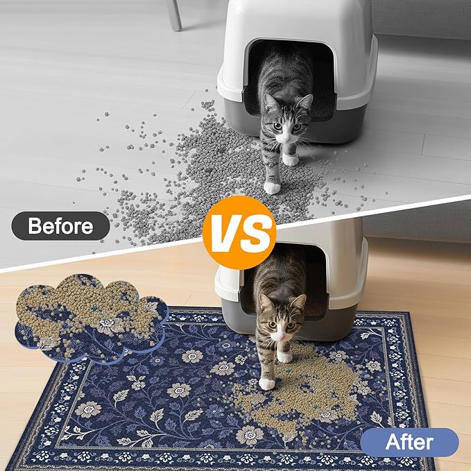 Glittme Cat Litter Mat with Non-Slip Bottom Litter Box Mat 24"X15" Litter Trapping Mat Easy to Clean Washable Cat Food Mat for Kitty,S