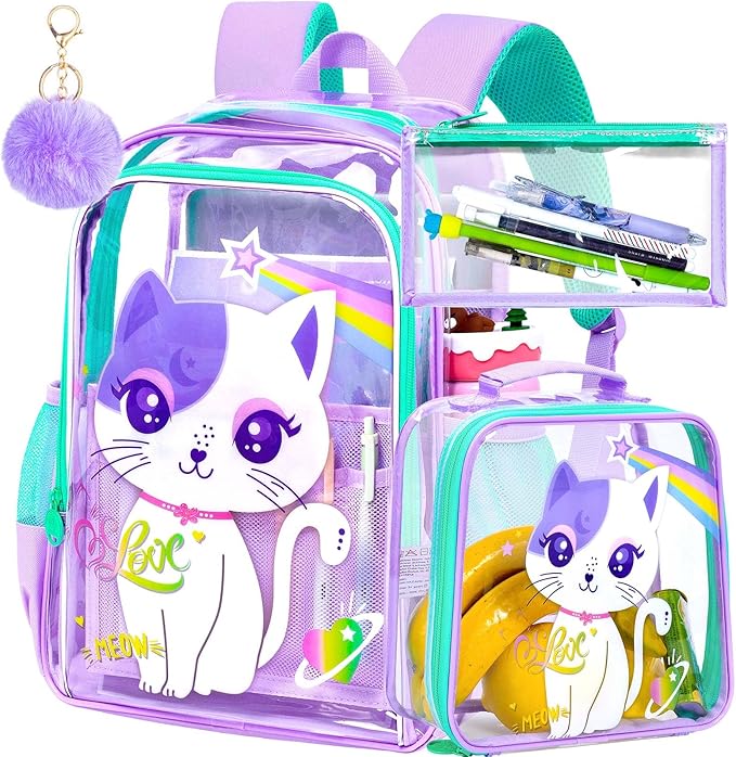KLFVB 3PCS Clear Backpack for Girls and Boys, Kids See Through Backpacks Stadium Approved, Transparent Bookbag for Elementary