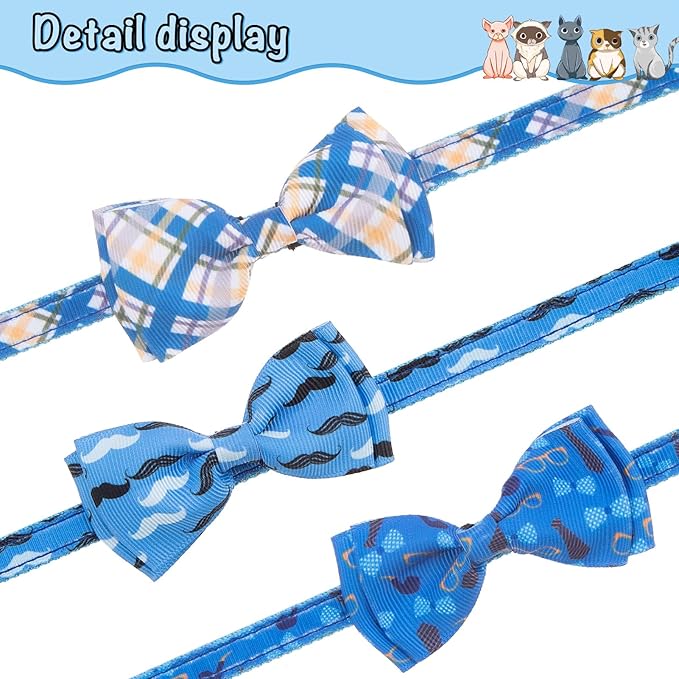 Breakaway Cat Collar with Removable Bow Tie and Bell, 3 Pack Safety Buckle Kitten Collars, Adjustable Pet Collar with Cute Multi-Style Patterns, Ideal for Boy Cats Puppy