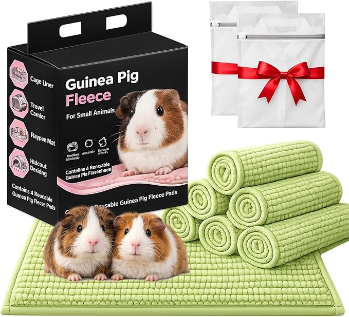 Guinea Pig Fleece, 6 Pack Guinea Pig Cage Liners Washable, 11.81 x 19.69 Reusable Guinea Pig Bedding, Non-Slip Animal Sleeping Mats for Guinea Pig Puppy Bunny Hamster (Green)