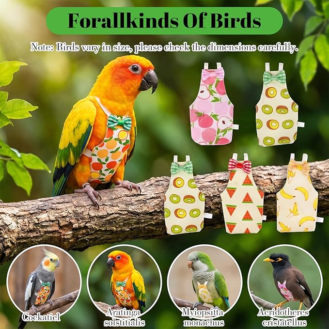 5 PCS Bird Diaper, Reusable Parrot Nappy Flight Suit Washable Pet Bird Diapers with Waterproof Inner Adjustable Straps for Parakeet Cockatiel Mini Macaw Budgie Lovebird Canary