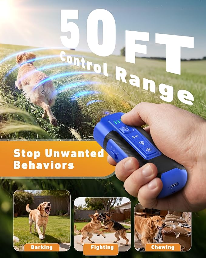Dog Bark Deterrent Devices-Ultrasonic Anti Barking Device for Dogs with 50ft Range, Rechargeable No Barking Device for Own or Neighbor's Dogs, Portable Safe for Dogs/Humans | Indoor/Outdoor Use-Blue