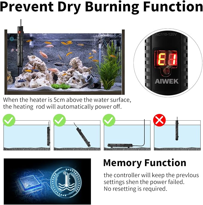 Aquarium Heater 300W Upgraded Fish Tank Heater With Leaving Water Automatically Stop Heating And Advanced Temperature Control System, Suitable For Saltwater And Freshwater 20 Gallons to 60 Gallons