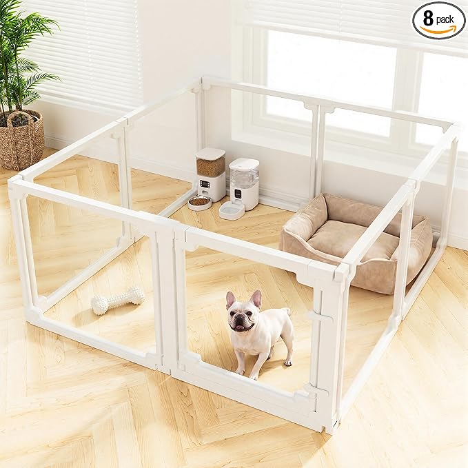 Clear Acrylic Dog Playpen Indoor,Tool-Free Assembly & Easy Clean,24 in Puppy Playpen with Door for Small Dogs/Cats/Rabbits/Pigs/Ferret,Indoor and Outdoor Use,8 Panels(White