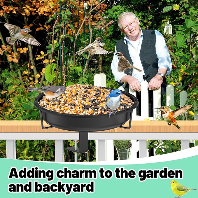 Bird Baths for Outdoors, Rustproof Metal Clamp Birdbaths & Birdfeeder with Detachable Plastic Basin, Outdoor Bird Feeding & Watering Station for Wild Birds Garden Patio Balcony (Black)