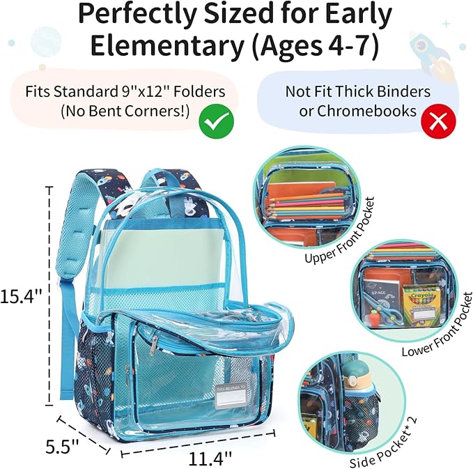 Clear Backpack for Boys, 15 Inch Heavy Duty Transparent Bookbag for Kindergarten to 2nd Grade, PVC See Through Daypack with Reflective Straps, Fits Standard Folders, Blue Space Astronauts
