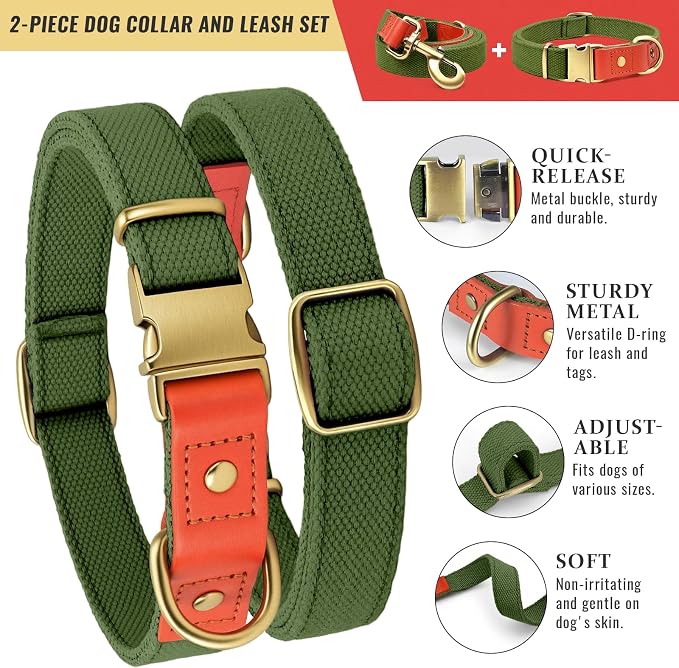 Nylon Dog Leash and Collar Set with Metal Quick Release Buckle, Adjustable, Durable High-Density Fabric, Breathable, Soft and Comfortable, No Pull for Walking and Training, Green, XL (16.9"-26")