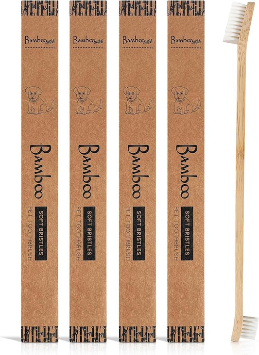 Bamboo Dog Toothbrush (4-Pack) | Double-Sided, Soft Bristle, Toothbrush for Small and Large Dogs | Pets Dental Care