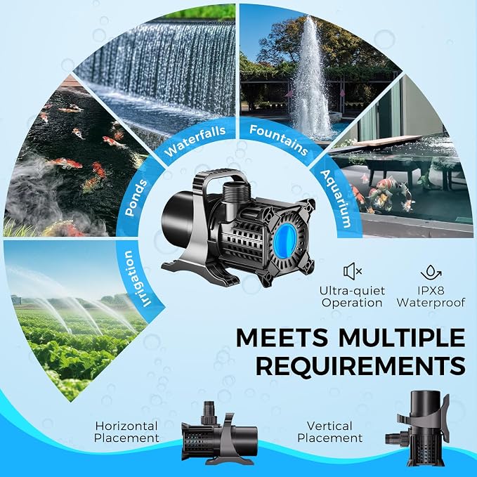 Pond Pump, 8500 GPH Adjustable Flow Submersible Water Pump with Filter Bag, Copper Motor, IPX8 Waterproof for Outdoor Koi Pond, Fountain, Waterfall, Hydroponics