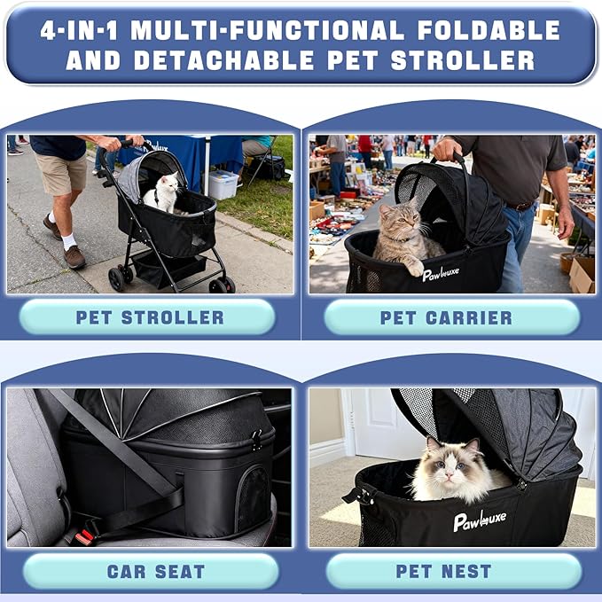 4 Wheels Pet Stroller 4 in 1 Pet Stroller with Detachable Carrier for Small & Medium Dogs Cats up to 55 lbs Easy-Folding Travel Dog Wagon with Car Seat Breathable Mesh,Khaki