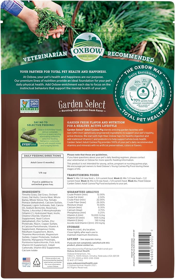 Oxbow Garden Select Adult Guinea Pig Food, Timothy Hay Guinea Pig Pellets, High Fiber for Digestive Health, Vitamin & Mineral Pet Food Pellets, Small Pet Products, Made in USA, 4 lb Bag