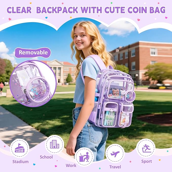 Clear Backpacks for Stadium Events Heavy Duty Clear Bookbag for School Girls Transparent Back Pack, Purple