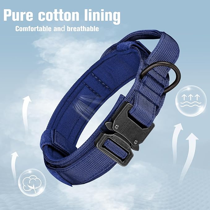 HYDEME Tactical Dog Collar Adjustable Nylon Collar with Control Handle and Heavy Metal Buckle for Medium and Large Dogs, with Patches&Airtags Case&Poop Bag Dispenser&Portable Bowl.(XL, DarkBlue)