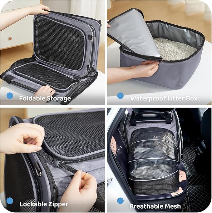 Large Cat Carrier with Litter Box, Expandable Cat Carrier for Car Travel, 17.3"x16.2"x13" Soft-Sided Pet Carrier, Collapsible Pet Carrier for Car Travel with Lockable Zippers for Medium Large Cat
