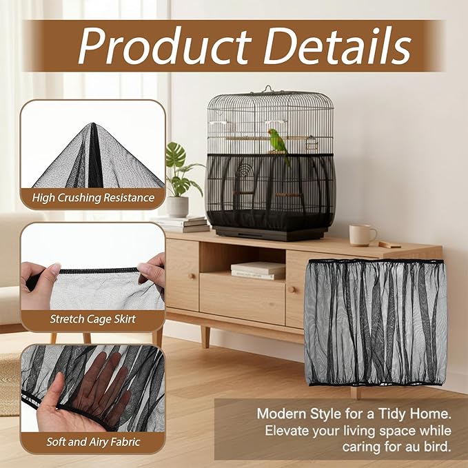 Bird Cage Net Seed Catcher Net Cover Black Adjustable Breathable Mesh Parrot Cage Skirt Guard for Parrot Cockatiel Budgie Fits Round Square Cages