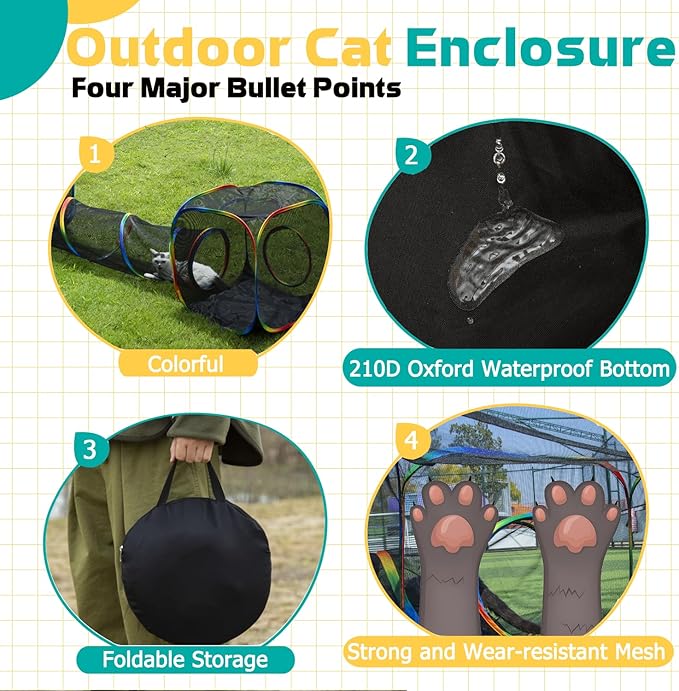 Outdoor Rainbow Cat Enclosures Playground,Outside House for Indoor Cats Include Portable Tent, 2 Way with 2 Cube Tunnel, for Kitty and Small Animals,Within Storage Bag