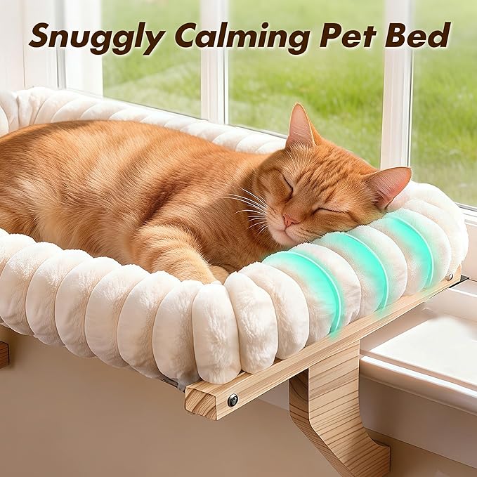 Zoratoo Cloud-Cuddle Cat Perch for Window Sill with Bolster, Natural Wood & Metal Frame Cat Window Seat for Large Cats, Easy to Adjust Zipper Cushion Pet Bed for Windowsill (Medium)