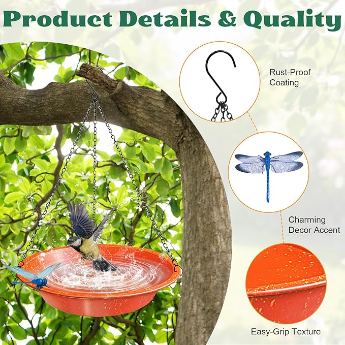 Hanging Bird Bath for Outdoors–Rust Proof Orange Bird Water Bowl with Dragonfly Decor,11.4 Inch Shallow Bird Feeder Tray with Chains,Garden Decor for Yard, Patio, Wild Birds