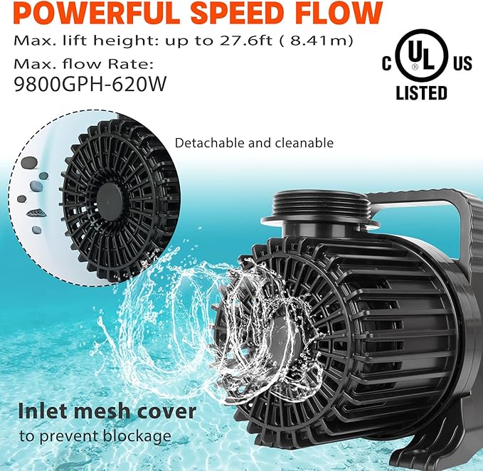 WaterRebirth (9800GPH-620W,UL listed) High Flow Submersible Pond Water Aquarium Pump Multi Scenario Application