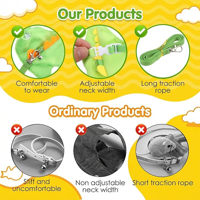 Dinosaur Shaped Harness and Leash Set, Adjustable Small Animal Harness for Hedgehog, Ferret, Guinea Pig, Hamster, Soft Plush Material, Safety Bell, Green
