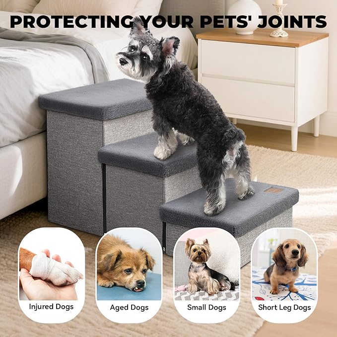 Zerbuger Dog Stairs with Furry Lids 18" H, 3-Step Wider Dog Steps with Storage for Small/Medium/Large Old Dogs Cats, Folding Sturdy Pet Stairs Climbing Bed Couch, Ramp for Car Hold Up to 200 lbs, Grey