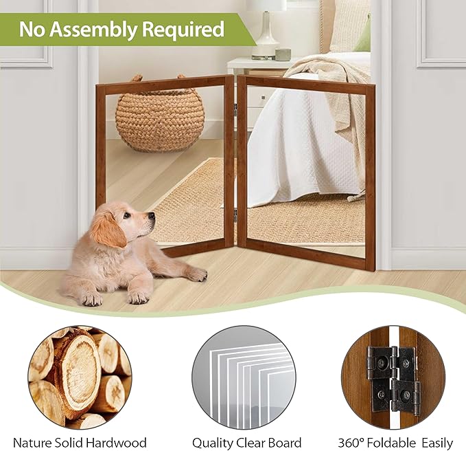 LZRS Clear Dog Gate for Indoor Use - Transparent Pet Fence with Solid Hardwood and Plastic Board, Stylish & Durable freestanding Pet Gate for Doorways, Stairs and Hallways-2 Panel Cherry